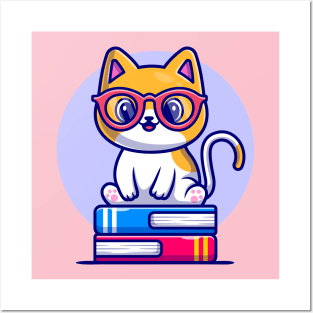 Cute Cat Sitting On Book Stack Cartoon Posters and Art